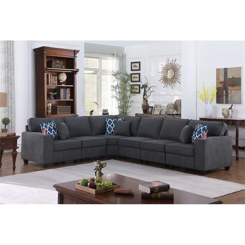 Cooper Stone Gray Woven Fabric 6Pc Reversible Sectional Sofa with Cupholder