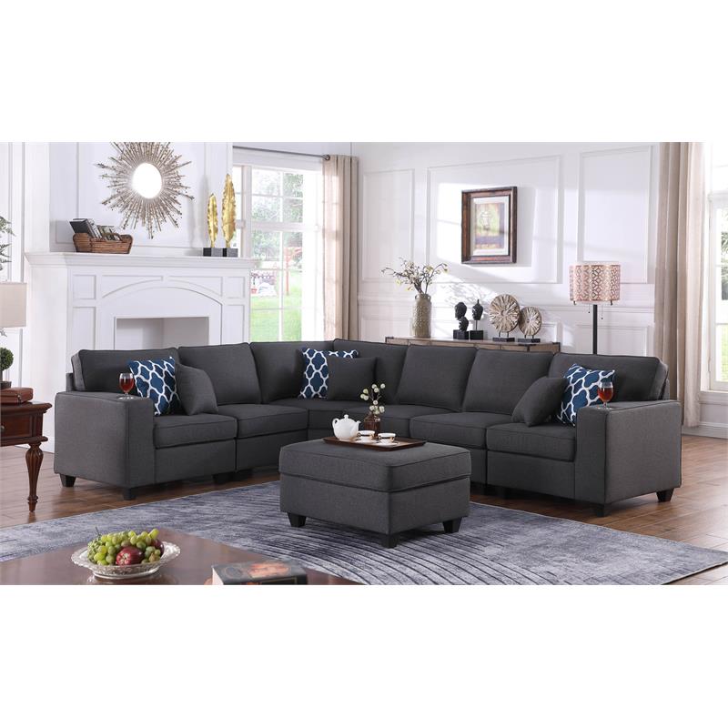Cooper Dark Gray Linen Fabric Reversible Sectional Sofa w/ Ottoman and Cupholder