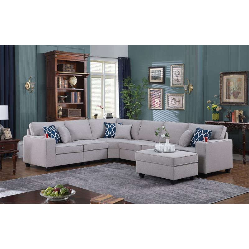 Cooper Light Gray Linen Fabric Reversible Sectional w/ Ottoman and Cupholder