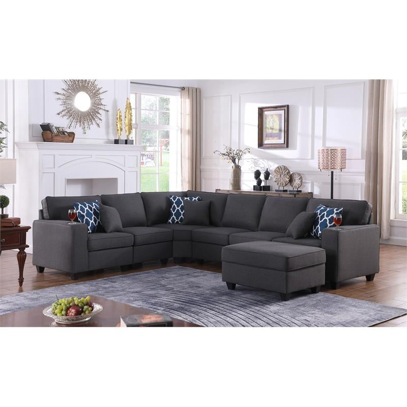 Cooper Dark Gray Linen Fabric 7Pc Reversible Sectional w/ Ottoman and Cupholder