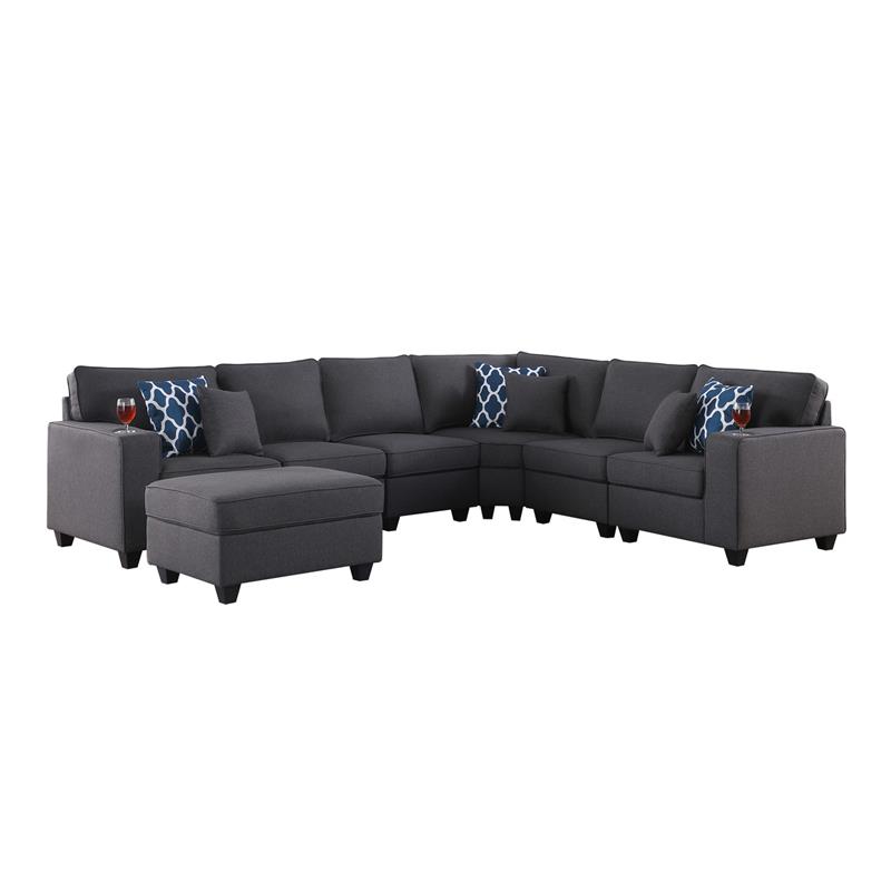 Cooper Dark Gray Linen Fabric 7Pc Reversible Sectional w/ Ottoman and Cupholder