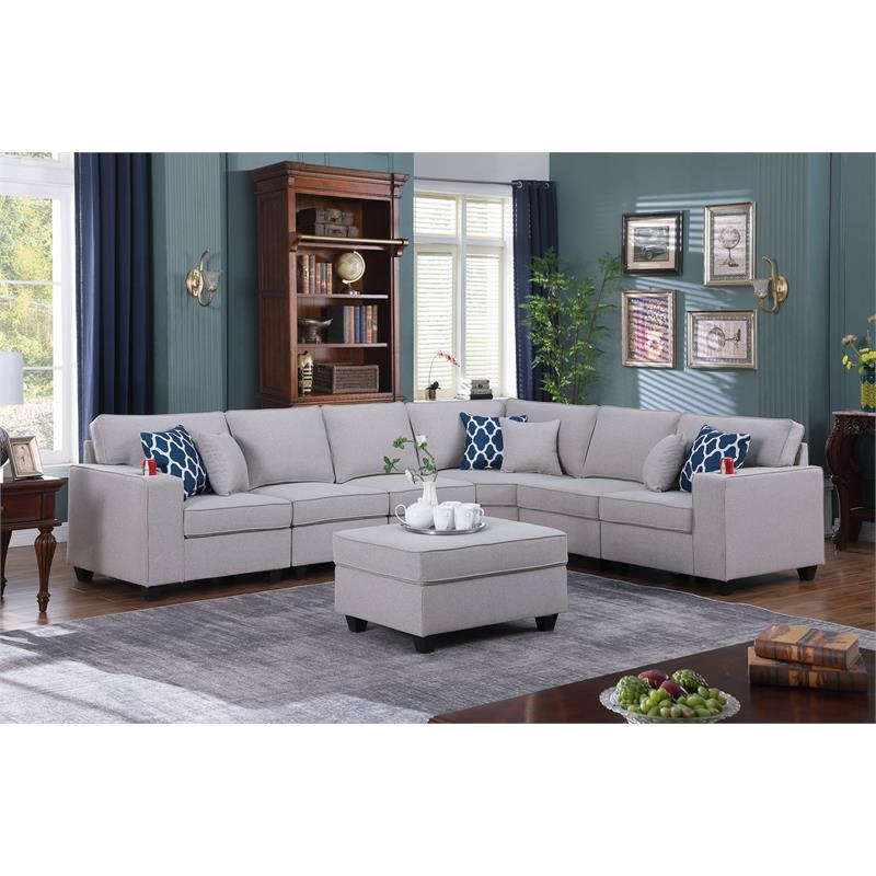 Cooper Light Gray Linen Fabric 7Pc Reversible Sectional w/ Ottoman and Cupholder