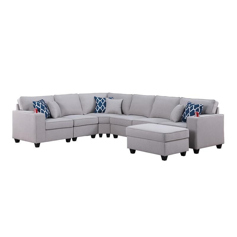 Cooper Light Gray Linen Fabric 7Pc Reversible Sectional w/ Ottoman and Cupholder