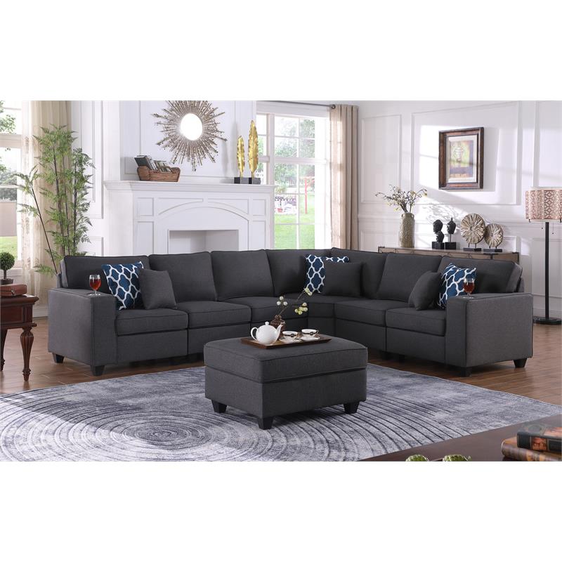 Cooper Dark Gray Linen Fabric 7Pc Reversible Sectional w/ Ottoman and Cupholder