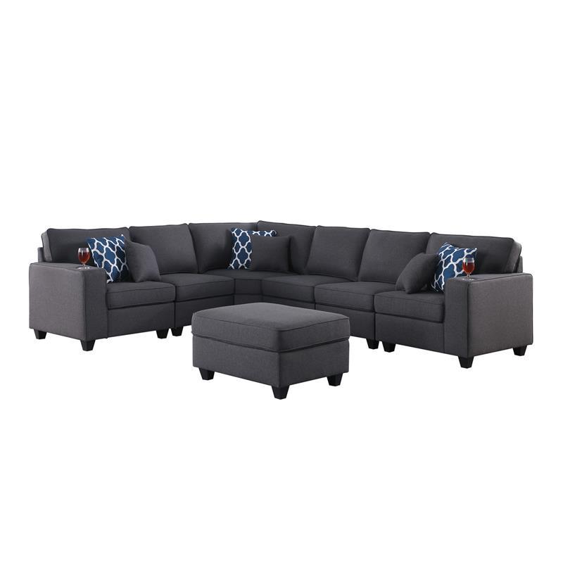 Cooper Dark Gray Linen Fabric 7Pc Reversible Sectional w/ Ottoman and Cupholder