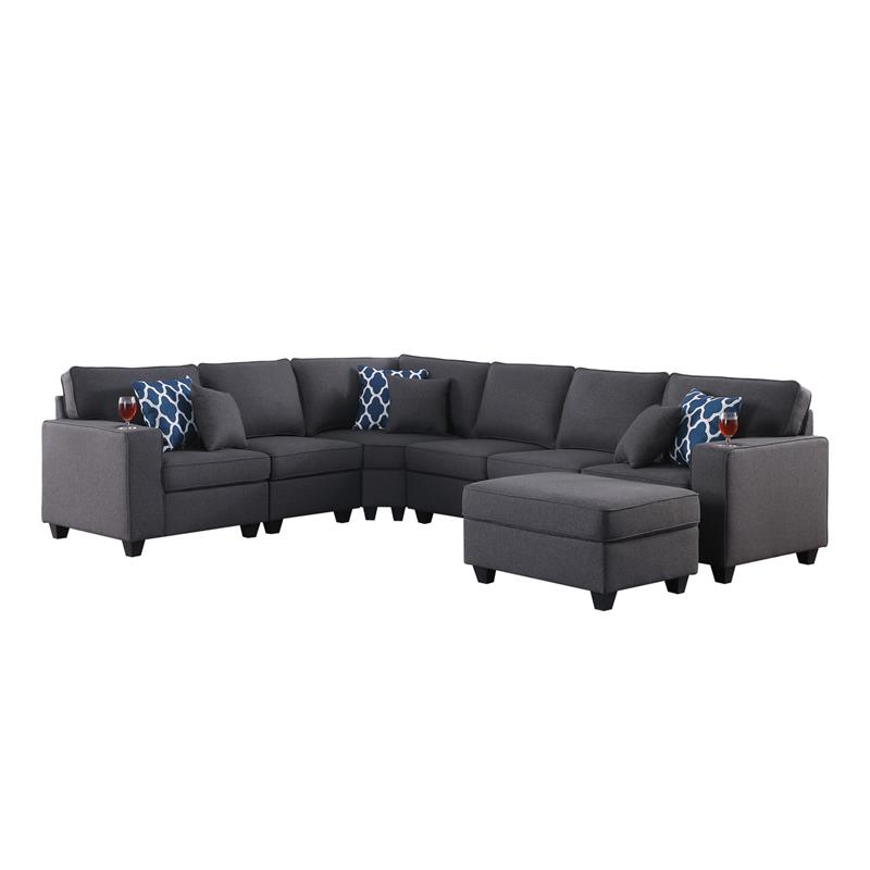 Cooper Dark Gray Linen Fabric 7Pc Reversible Sectional w/ Ottoman and Cupholder