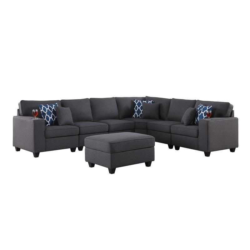 Cooper Dark Gray Linen Fabric 7Pc Reversible Sectional w/ Ottoman and Cupholder