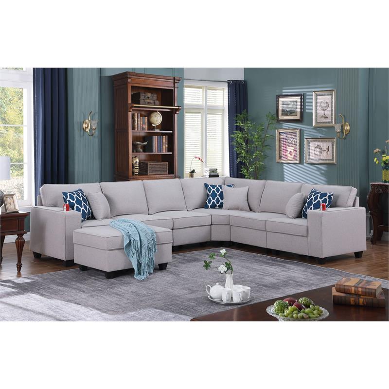 Cooper Light Gray Linen Fabric 7Pc Reversible Sectional w/ Ottoman and Cupholder