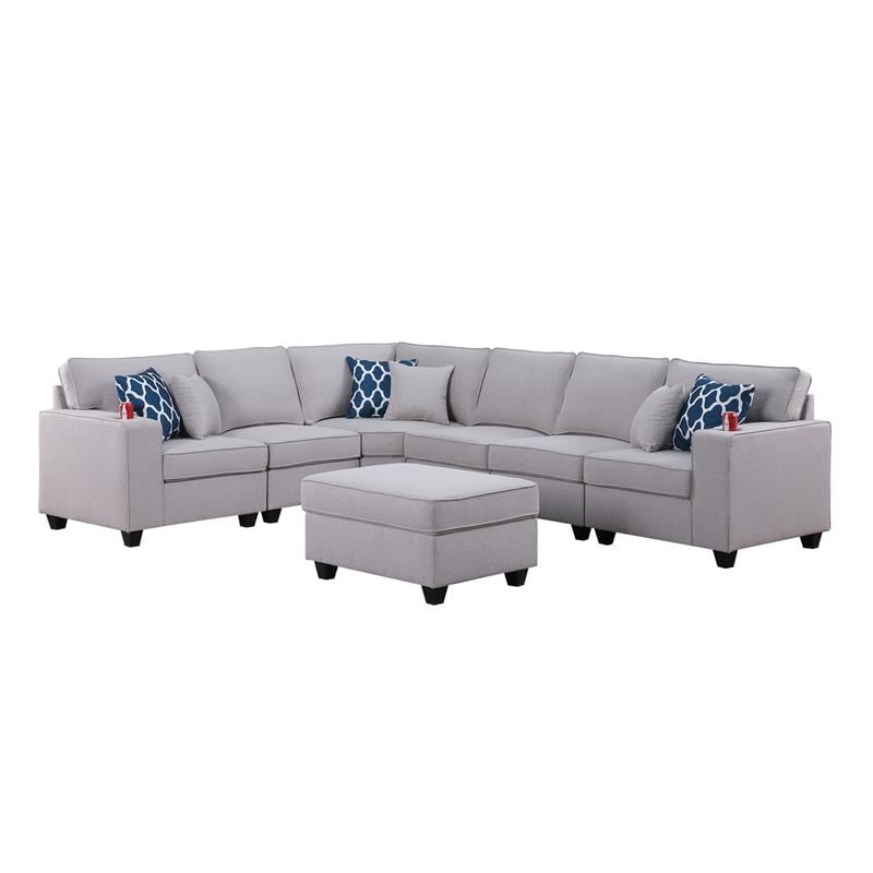Cooper Light Gray Linen Fabric 7Pc Reversible Sectional w/ Ottoman and Cupholder