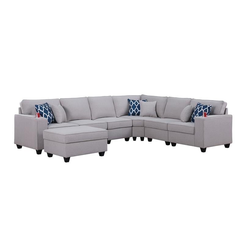 Cooper Light Gray Linen Fabric 7Pc Reversible Sectional w/ Ottoman and Cupholder