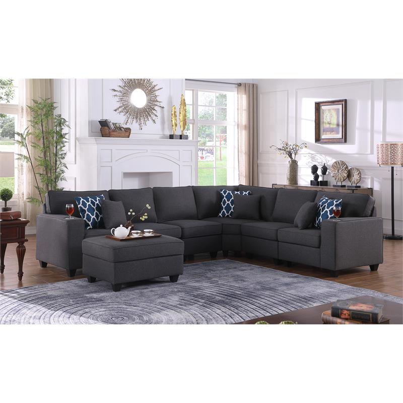 Cooper Dark Gray Linen Fabric 7Pc Reversible Sectional w/ Ottoman and Cupholder