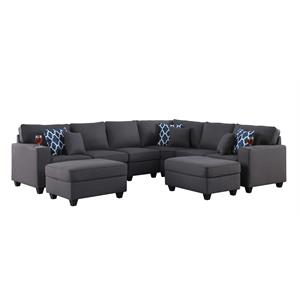 Cooper Dark Gray Linen Fabric 8Pc Reversible Sectional w/ Ottomans and Cupholder