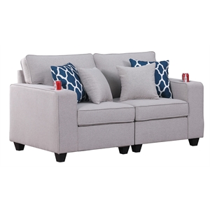cooper light gray linen fabric loveseat with cupholder and pillows