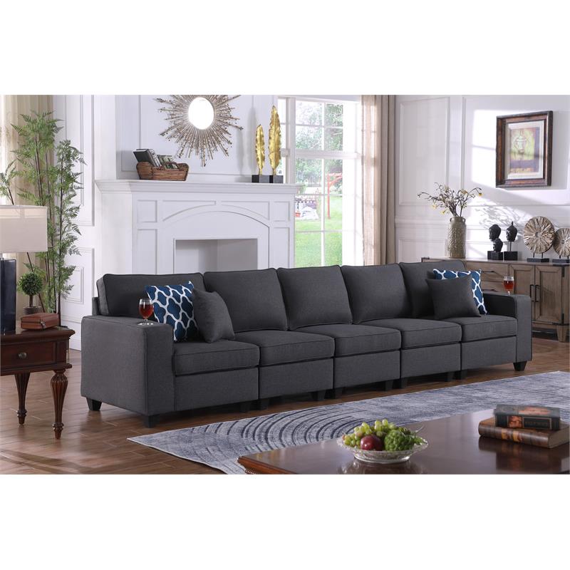 Cooper Dark Gray Linen Fabric 5-Seater Sofa with Cupholder and Pillows