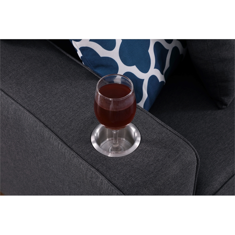 Cooper Dark Gray Linen Fabric 5-Seater Sofa with Cupholder and Pillows