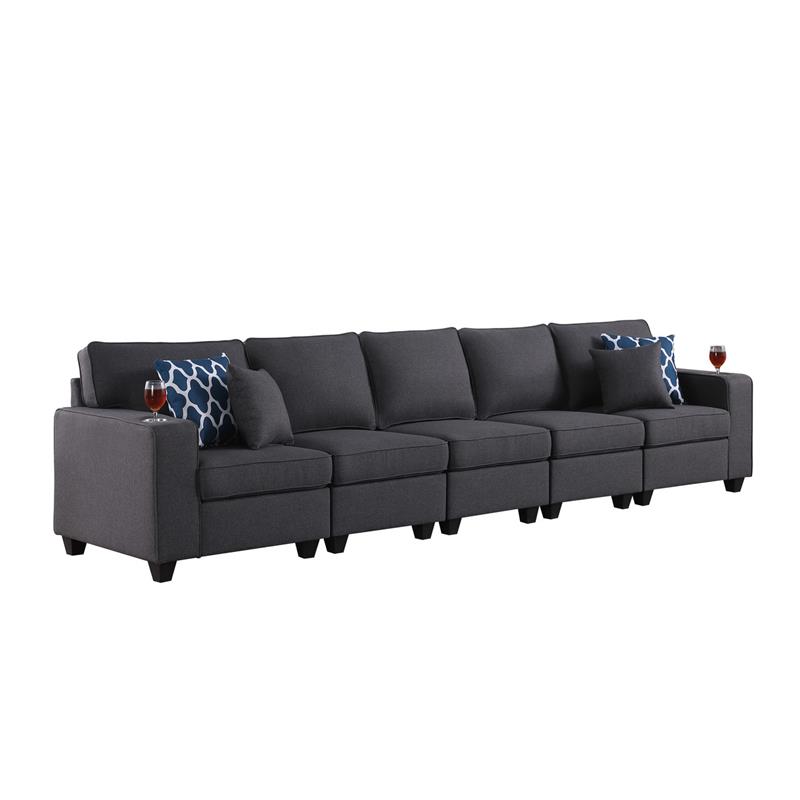 Cooper Dark Gray Linen Fabric 5-Seater Sofa with Cupholder and Pillows
