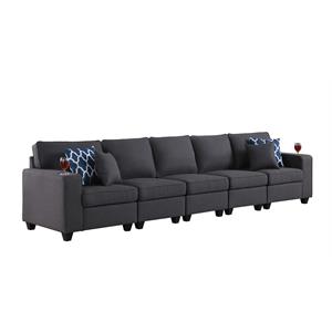 Cooper Dark Gray Linen Fabric 5-Seater Sofa with Cupholder and Pillows