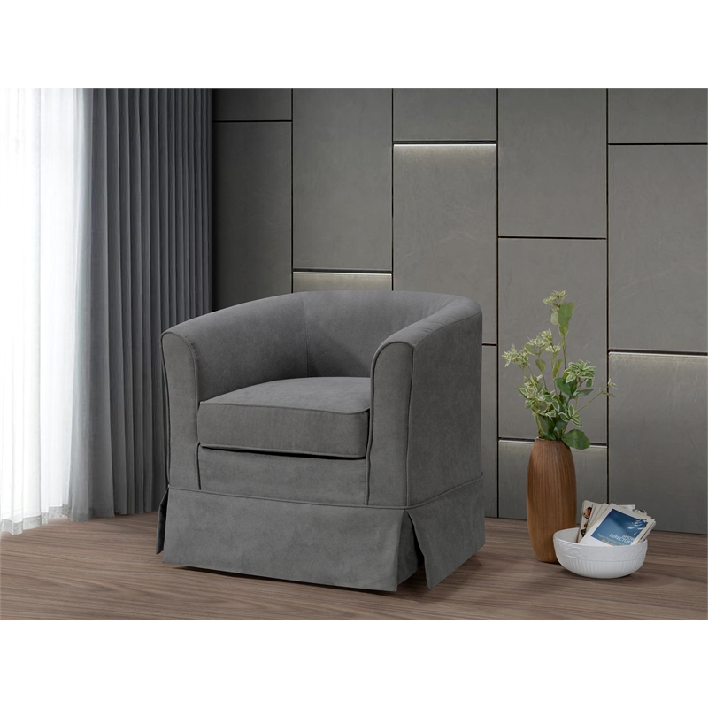 Tucker Gray Woven Fabric Swivel Barrel Chair with Skirted Bottom
