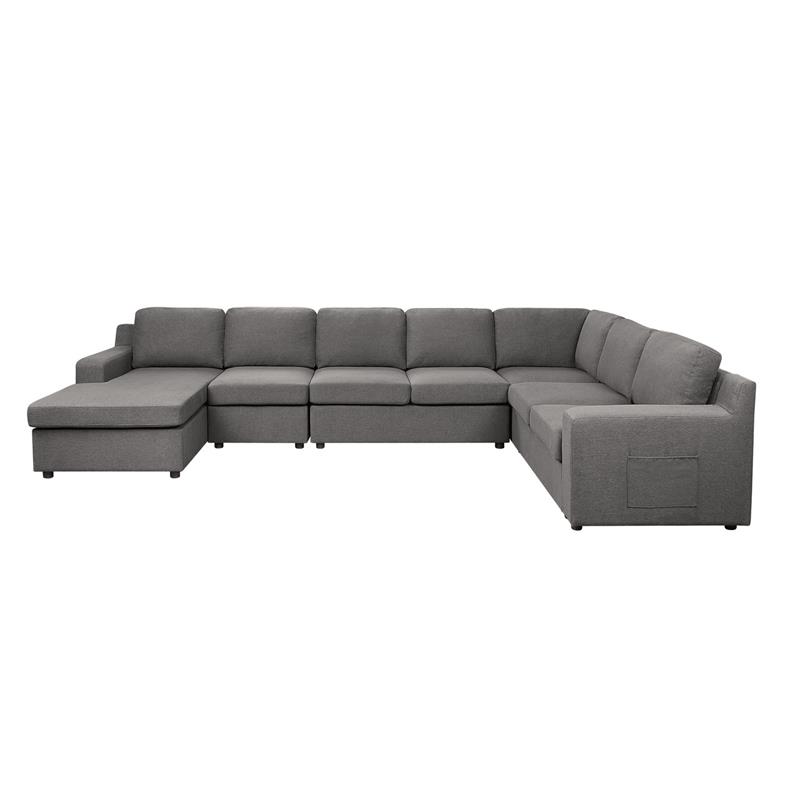 Waylon Gray Linen Fabric 7-Seater U-Shape Sectional Sofa Chaise with Pocket