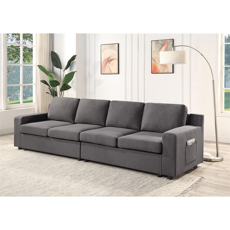 Waylon Gray Fabric Linen 4-Seater Sofa with Pockets and Black Legs