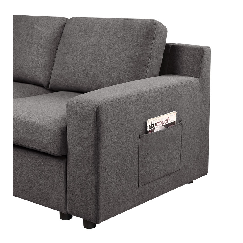 Waylon Gray Fabric Linen 4-Seater Sofa with Pockets and Black Legs