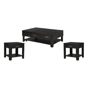 bruno 3pc ash gray wooden lift top coffee & end table set w/ glass top & drawer