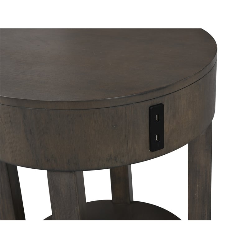 Jonah Light Brown Engineered Wood Round End Table with USB Ports