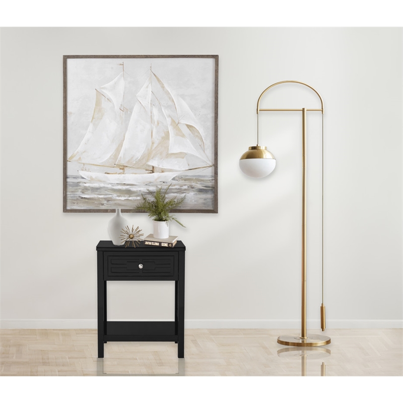 Dylan Black Engineered Wood End Side Table Nightstand with Glass Top and Drawer