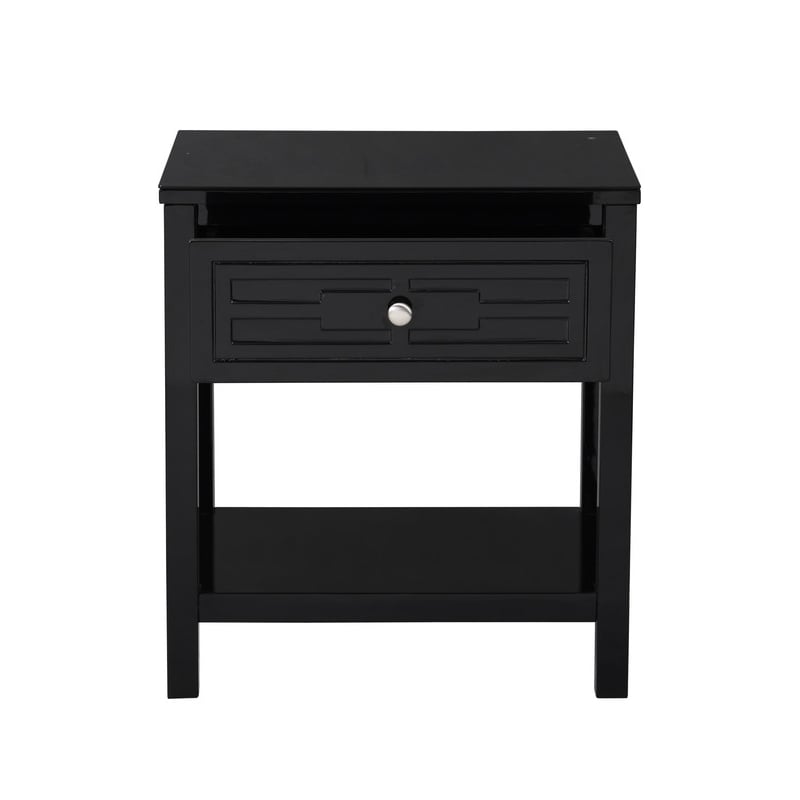 Dylan Black Engineered Wood End Side Table Nightstand with Glass Top and Drawer