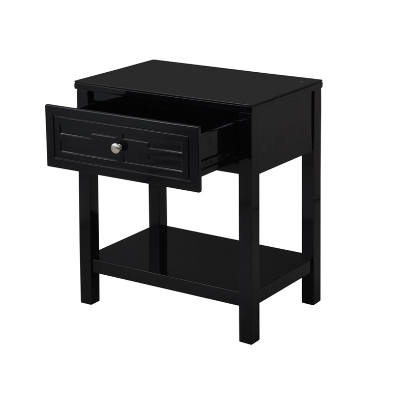Dylan Black Engineered Wood End Side Table Nightstand with Glass Top and Drawer