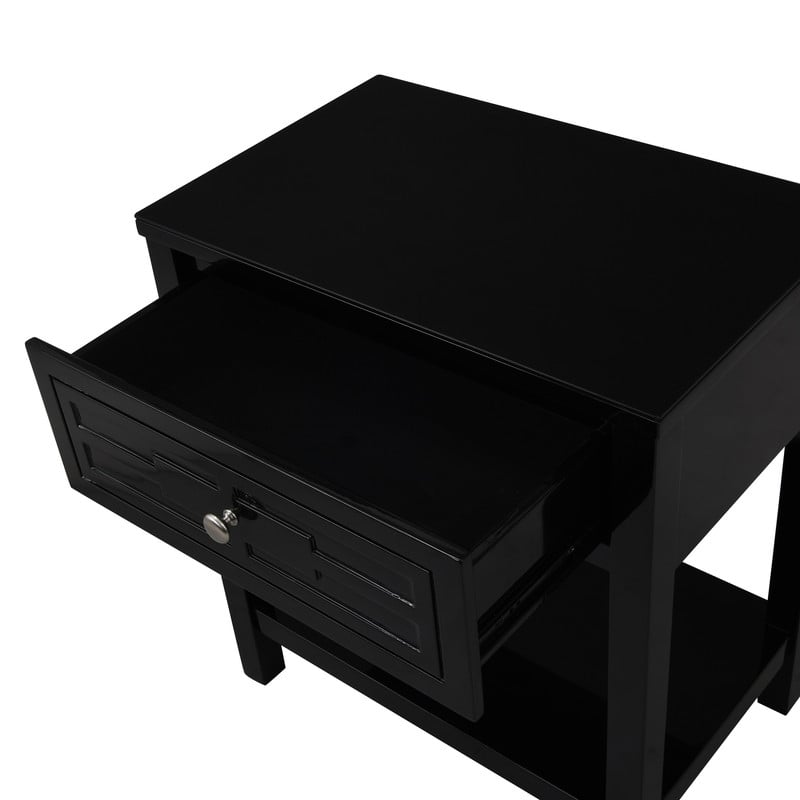 Dylan Black Engineered Wood End Side Table Nightstand with Glass Top and Drawer