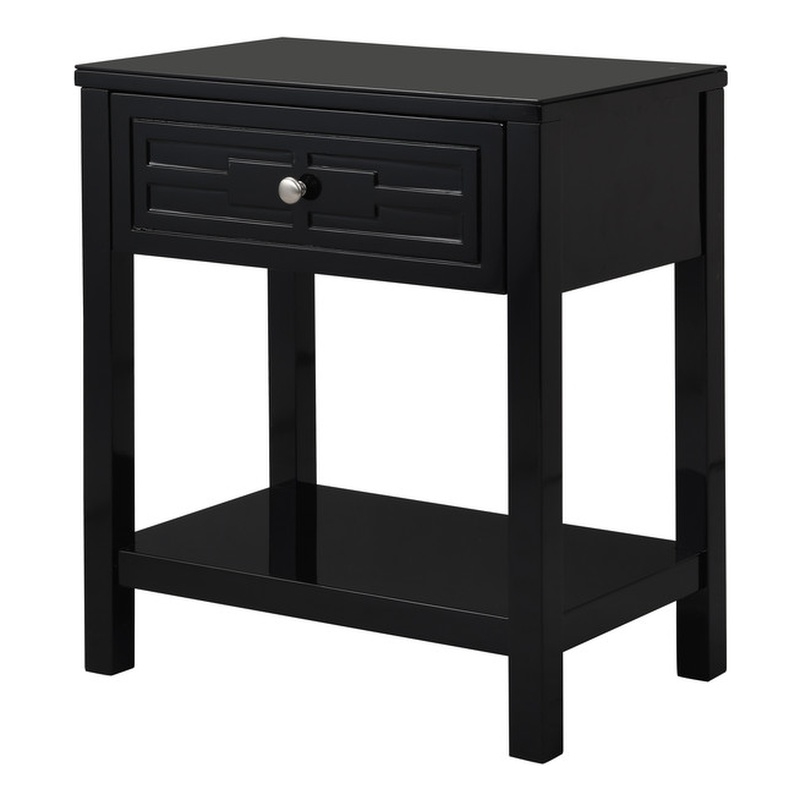 Dylan Black Engineered Wood End Side Table Nightstand with Glass Top and Drawer