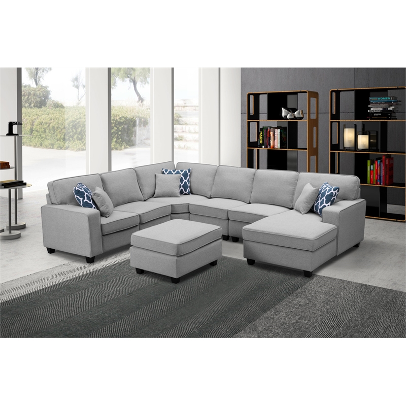 Brooke Light Gray Linen Fabric 7Pc Modular Sectional Sofa Chaise And ...