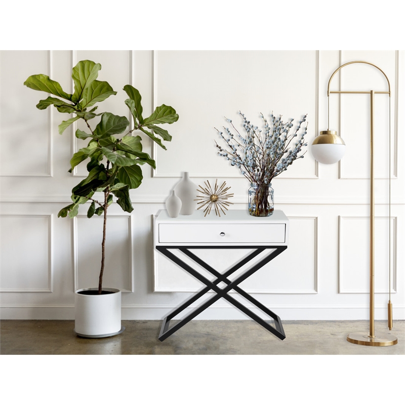 Koda White Wooden End Side Table Nightstand w/ Glass Top Drawer & Metal Base