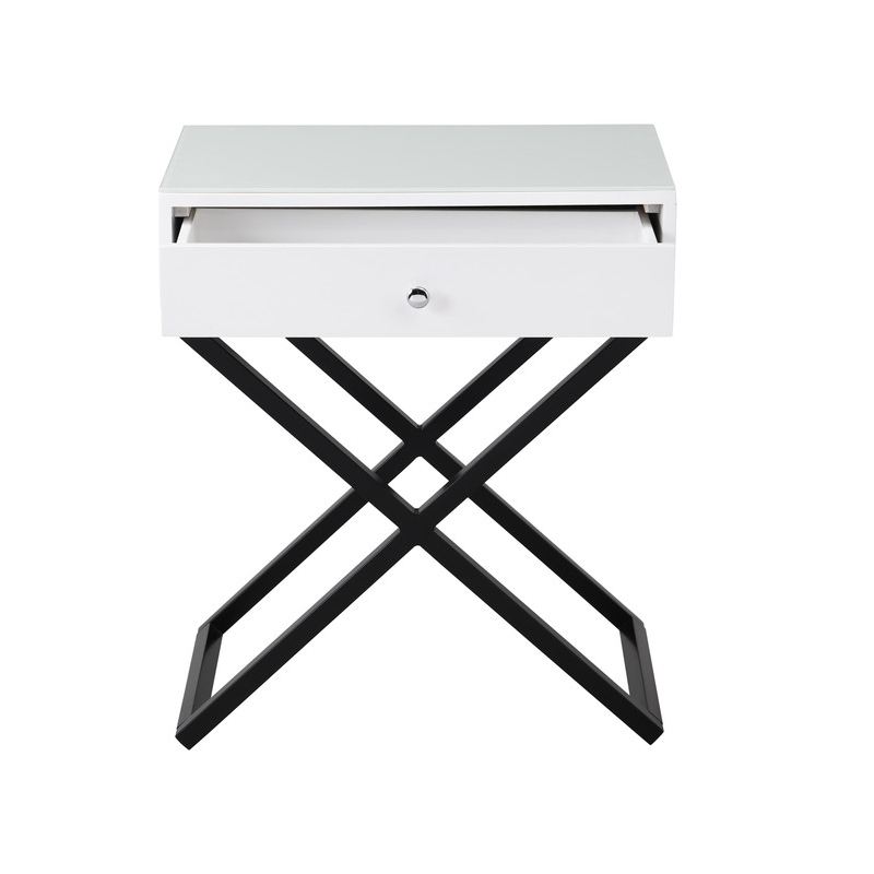 Koda White Wooden End Side Table Nightstand w/ Glass Top Drawer & Metal Base