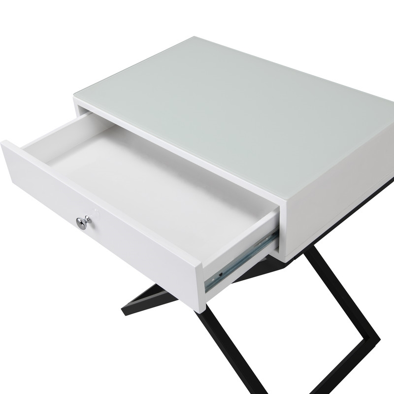 Koda White Wooden End Side Table Nightstand w/ Glass Top Drawer & Metal Base