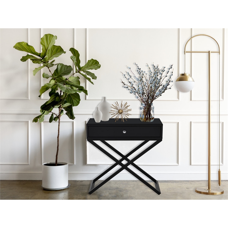 Koda Black Wooden End Side Table Nightstand w/ Glass Top Drawer & Metal Base