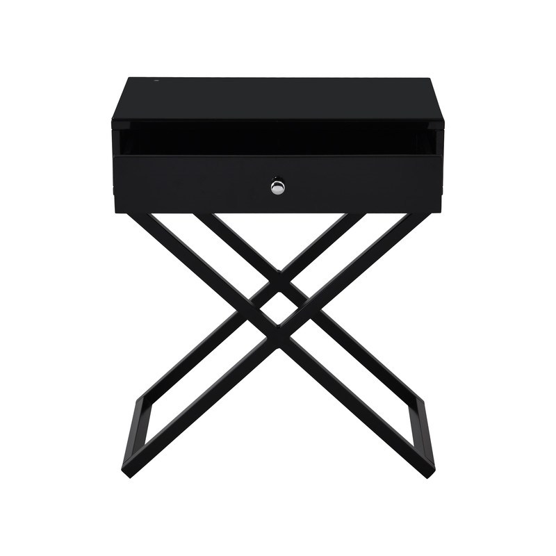 Koda Black Wooden End Side Table Nightstand w/ Glass Top Drawer & Metal Base