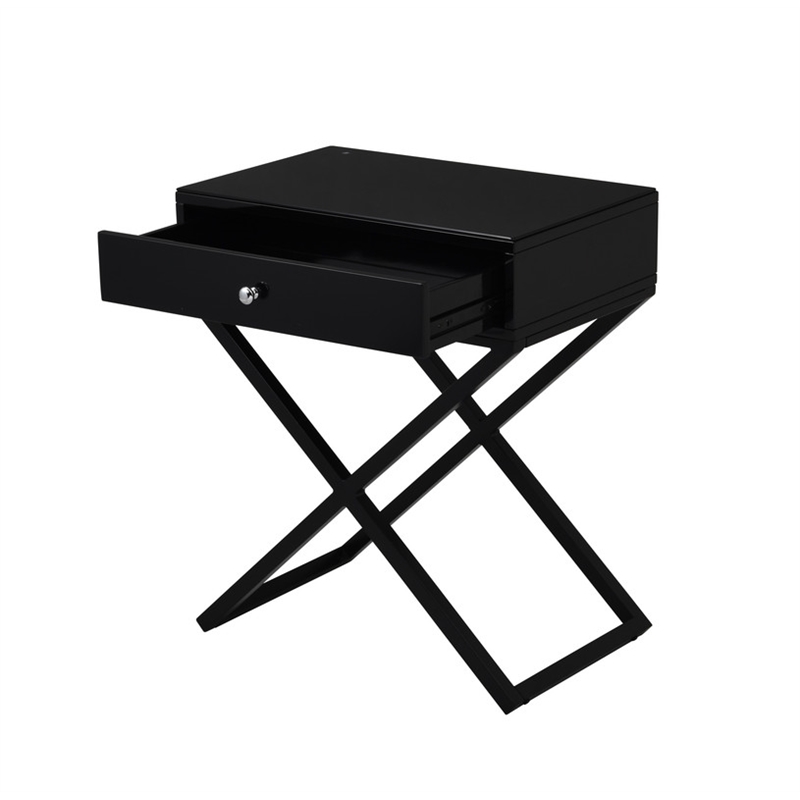 Koda Black Wooden End Side Table Nightstand w/ Glass Top Drawer & Metal Base