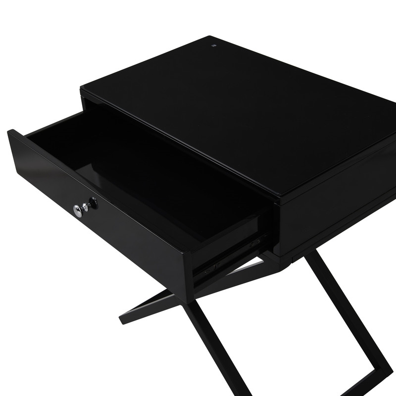 Koda Black Wooden End Side Table Nightstand w/ Glass Top Drawer & Metal Base