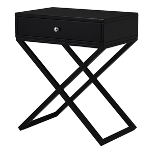 koda black wooden end side table nightstand w/ glass top drawer & metal base