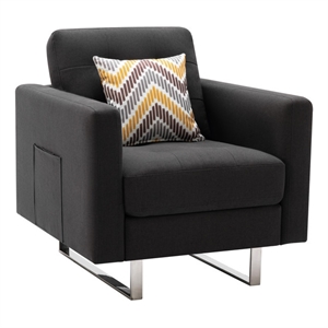 victoria dark gray linen fabric armchair with metal legs side pockets & pillow