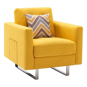 victoria yellow linen fabric armchair with metal legs side pockets and pillow