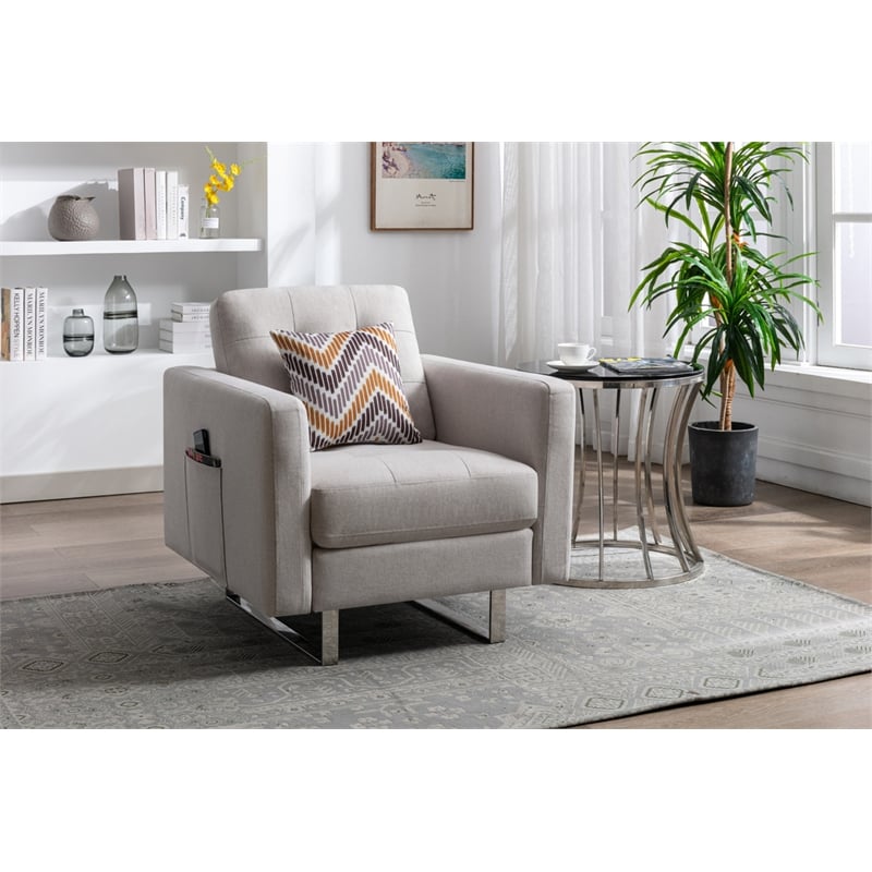Victoria Beige Linen Fabric Armchair with Metal Legs Side Pockets and Pillow