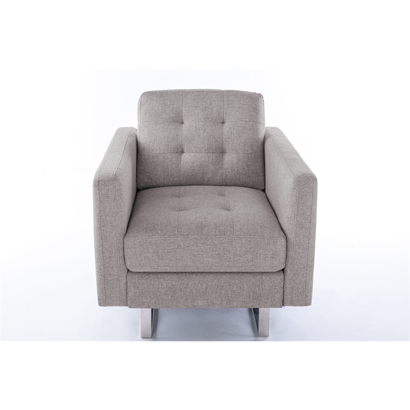 Victoria Beige Linen Fabric Armchair with Metal Legs Side Pockets and Pillow