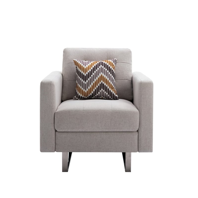 Victoria Beige Linen Fabric Armchair with Metal Legs Side Pockets and Pillow