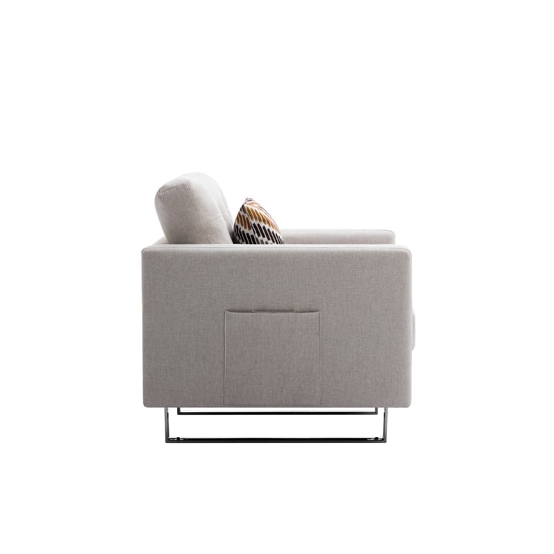 Victoria Beige Linen Fabric Armchair with Metal Legs Side Pockets and Pillow