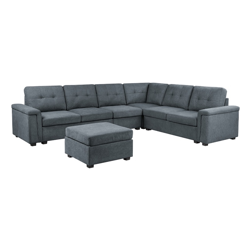 Isla Gray Woven Fabric 7-Seater Corner Sectional Sofa with Ottoman