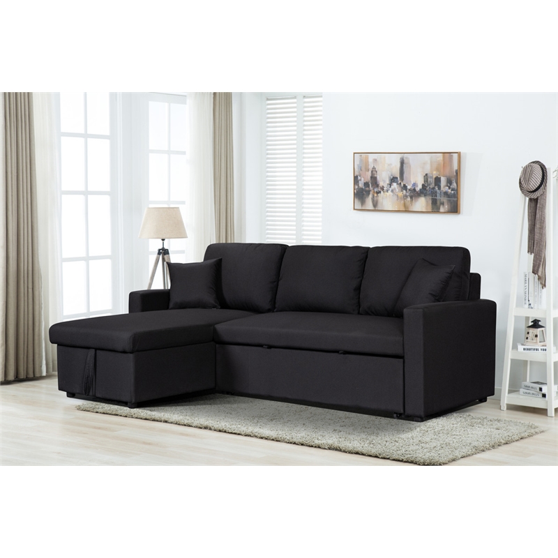 Paisley Black Linen Fabric Reversible Sleeper Sectional Sofa w/ Storage Chaise