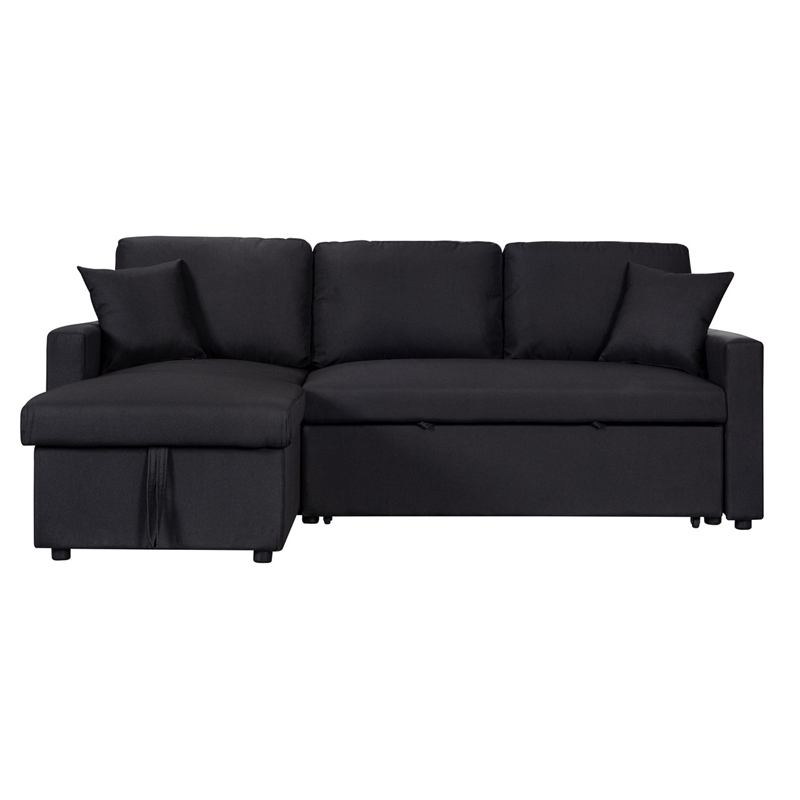 Paisley Black Linen Fabric Reversible Sleeper Sectional Sofa w/ Storage Chaise